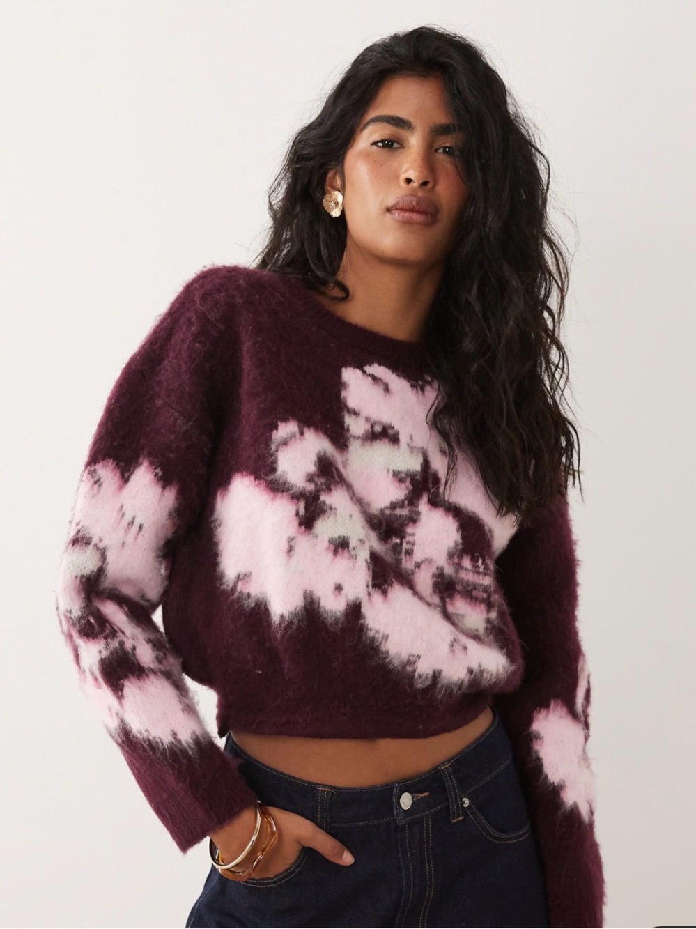 ASOS DESIGN knit brushed floral sweater in pink L